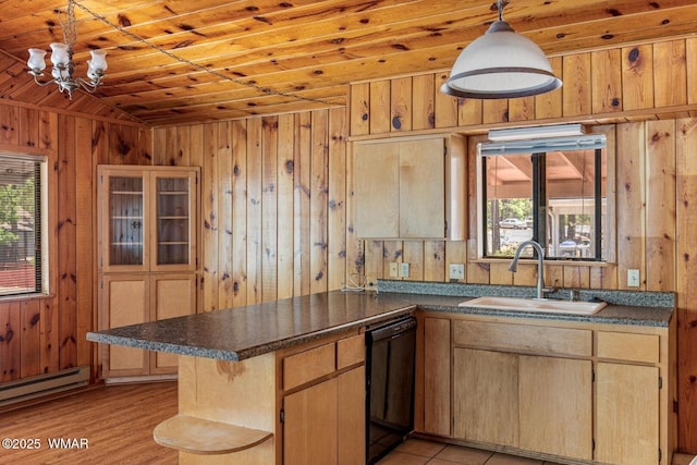 1721 W Huning, Show Low, AZ 85901 - kitchen featuring black dishwasher, wood ceiling, a baseboard radiator, wood walls, and a peninsula