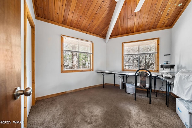 4946 Branding Iron Loop, Pinetop, AZ 85935 - office area featuring wooden ceiling, baseboards, carpet, lofted ceiling, and a ceiling fan
