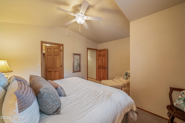 bedroom featuring lofted ceiling, carpet floors, ceiling fan, and baseboards