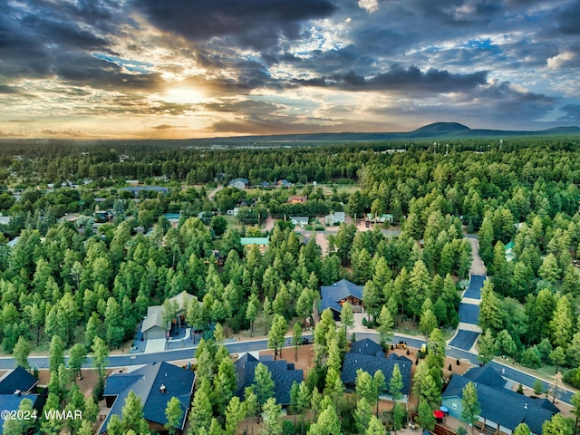 aerial view at dusk with a residential view and a view of trees