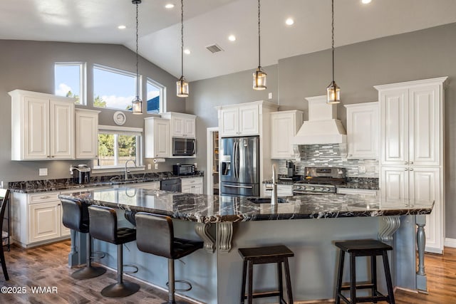 kitchen featuring dark wood-type flooring, appliances with stainless steel finishes, custom exhaust hood, and a sink