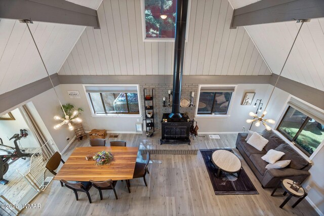 2331 W Rogers Loop, Show Low, AZ 85901 - living area with wood finished floors, a wood stove, beam ceiling, baseboards, and wooden walls