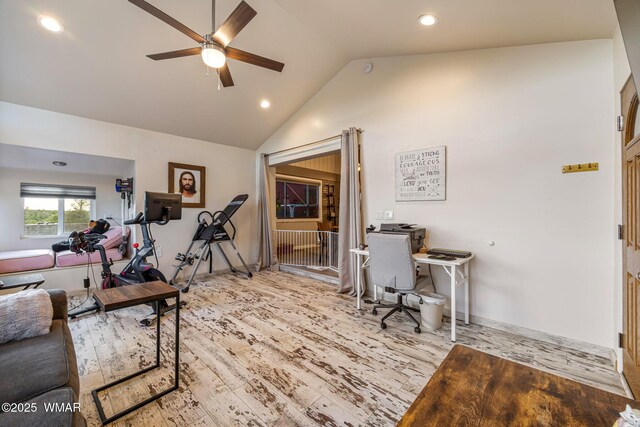 2331 W Rogers Loop, Show Low, AZ 85901 - office area featuring a ceiling fan, recessed lighting, wood finished floors, baseboards, and high vaulted ceiling