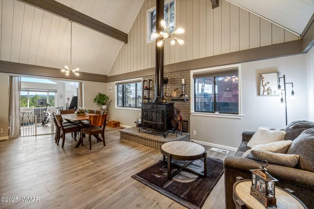 2331 W Rogers Loop, Show Low, AZ 85901 - living room with a chandelier, a wood stove, high vaulted ceiling, wood finished floors, and beamed ceiling