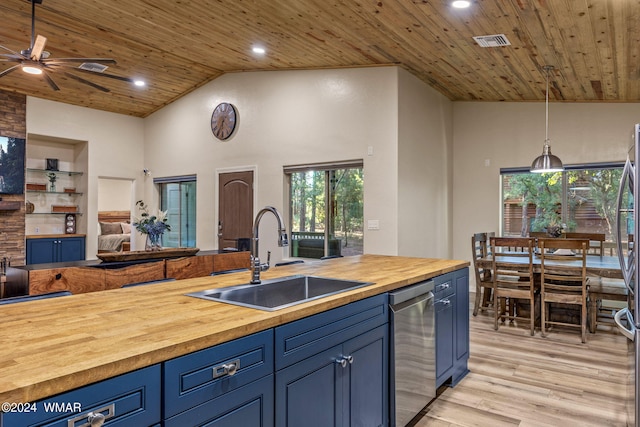 kitchen with wooden ceiling, a sink, wooden counters, pendant lighting, and stainless steel dishwasher