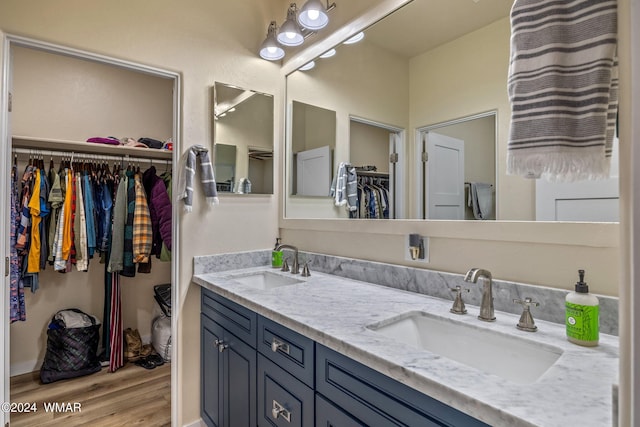 bathroom featuring double vanity, wood finished floors, a sink, and a walk in closet