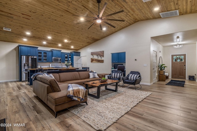 living area featuring wood ceiling, high vaulted ceiling, light wood finished floors, and visible vents