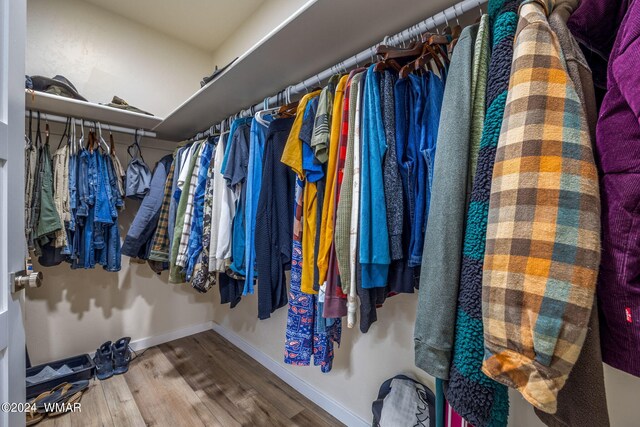 walk in closet with wood finished floors