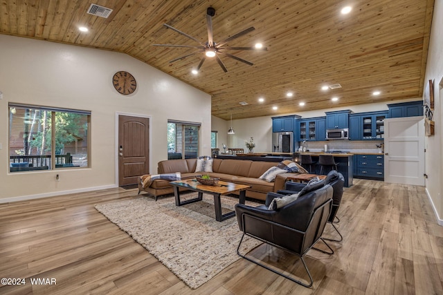 living room featuring visible vents, a ceiling fan, wood ceiling, high vaulted ceiling, and light wood-type flooring