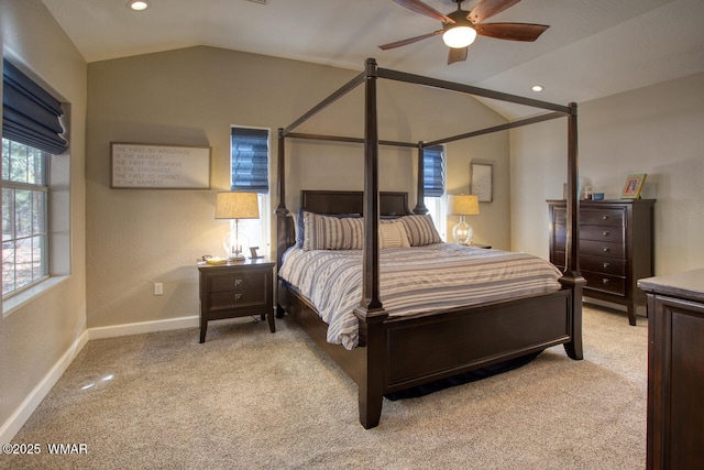 bedroom featuring recessed lighting, baseboards, and lofted ceiling