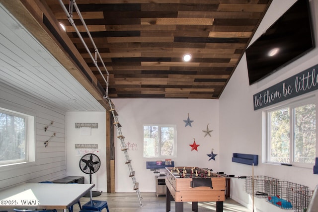 office space with lofted ceiling, wooden walls, and wood finished floors