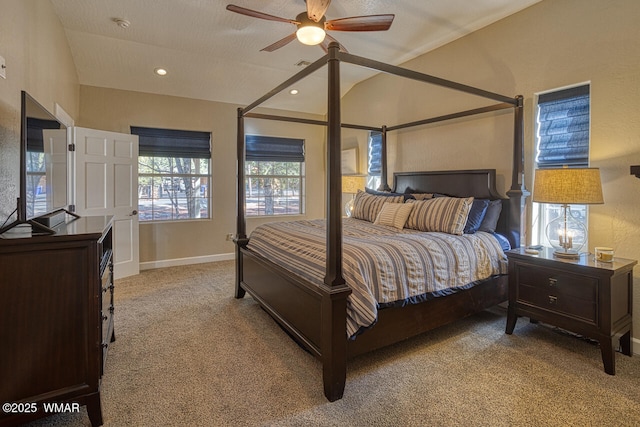 bedroom featuring a ceiling fan, carpet, baseboards, lofted ceiling, and recessed lighting