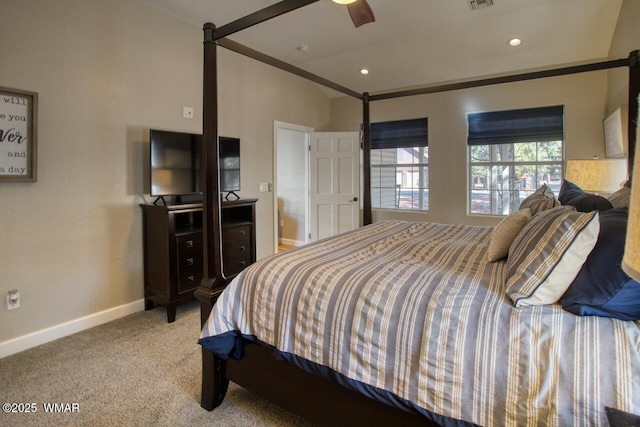 bedroom with visible vents, baseboards, carpet, lofted ceiling, and recessed lighting