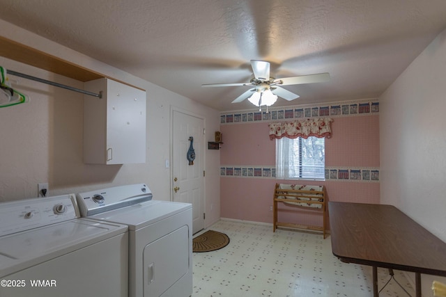 washroom with cabinet space, a ceiling fan, a textured ceiling, washer and dryer, and light floors