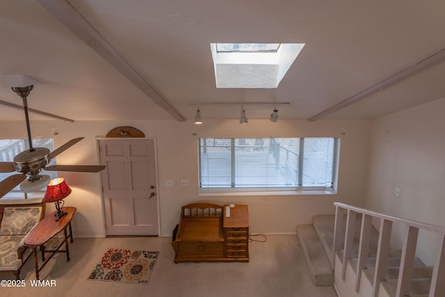 entrance foyer featuring a skylight, stairs, and rail lighting