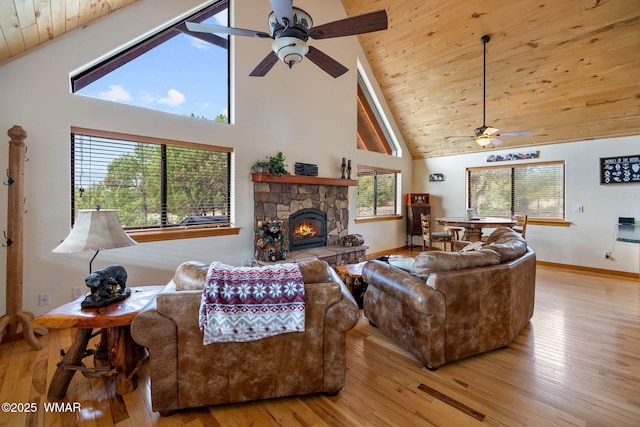 1537 Georgann Cir, Heber, AZ 85928 - living area featuring a ceiling fan, high vaulted ceiling, wooden ceiling, hardwood / wood-style floors, and a fireplace