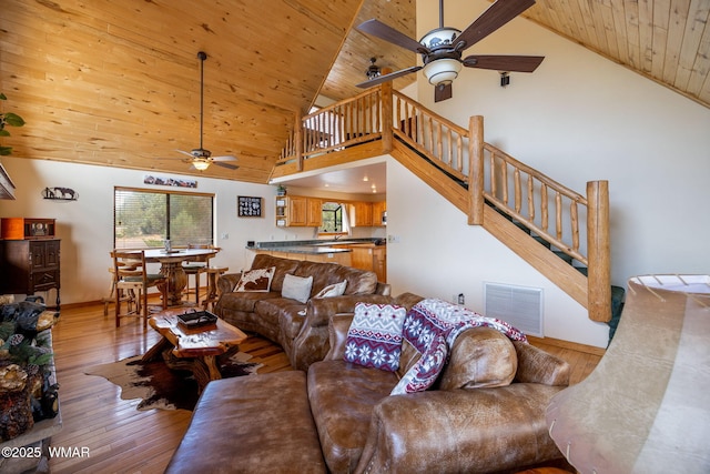 1537 Georgann Cir, Heber, AZ 85928 - living area with a ceiling fan, wood ceiling, high vaulted ceiling, stairs, and hardwood / wood-style floors
