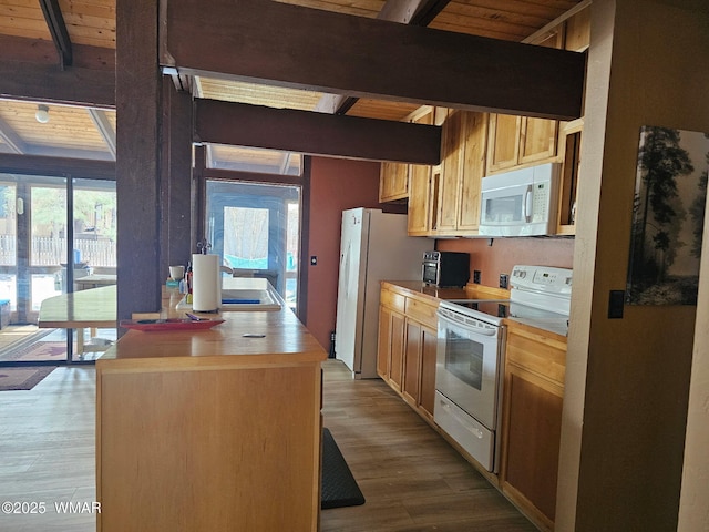 4989 Drifting Snow Loop Unit 4, Pinetop, AZ 85935 - kitchen featuring beam ceiling, a healthy amount of sunlight, white appliances, and wooden ceiling