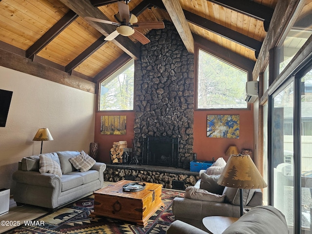 4989 Drifting Snow Loop Unit 4, Pinetop, AZ 85935 - living room with a ceiling fan, a stone fireplace, wood finished floors, wooden ceiling, and beamed ceiling