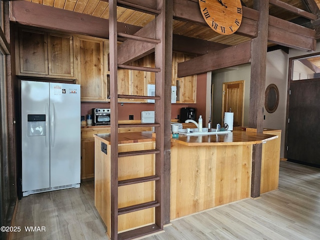 4989 Drifting Snow Loop Unit 4, Pinetop, AZ 85935 - kitchen featuring beamed ceiling, wooden ceiling, white refrigerator with ice dispenser, and light wood finished floors