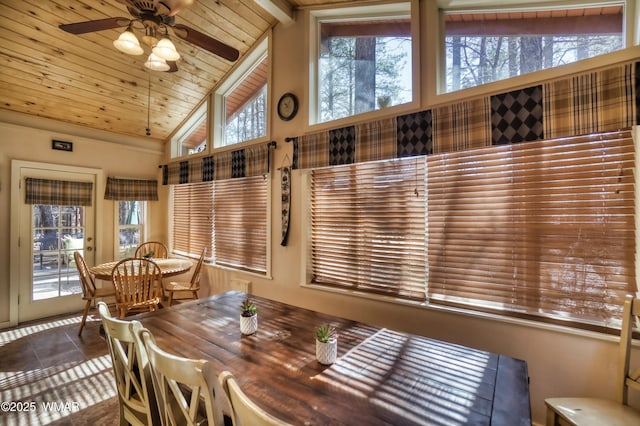 dining area featuring wood ceiling, high vaulted ceiling, ceiling fan, and tile patterned floors