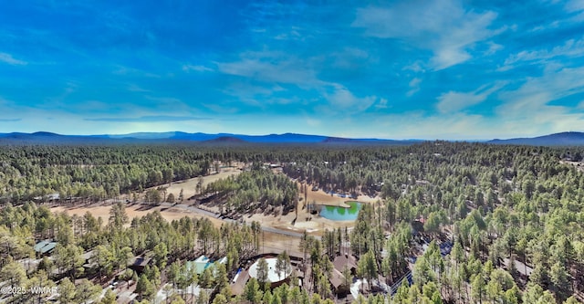 birds eye view of property featuring a wooded view and a water and mountain view