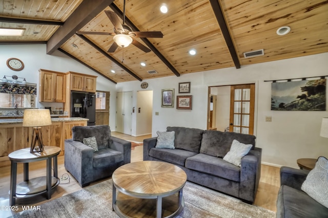 living area featuring ceiling fan, wood ceiling, visible vents, light wood-style floors, and beamed ceiling