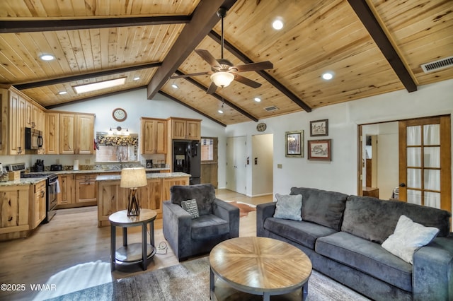 living room with light wood-style flooring, a skylight, wood ceiling, a ceiling fan, and beam ceiling