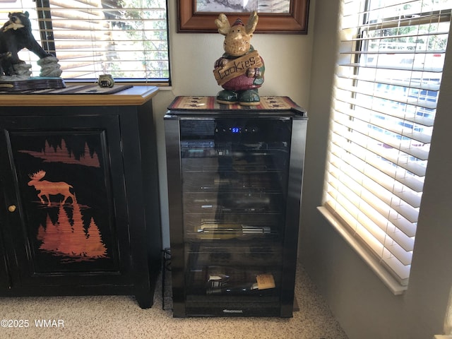 interior details with speckled floor and wine cooler