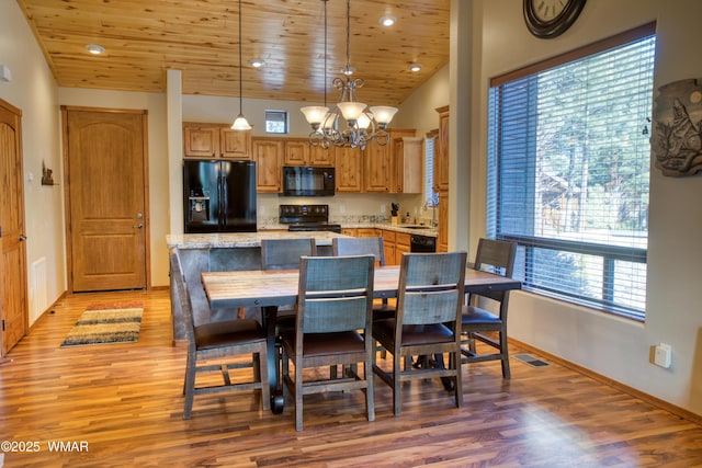 dining space with visible vents, an inviting chandelier, light wood-type flooring, wooden ceiling, and baseboards