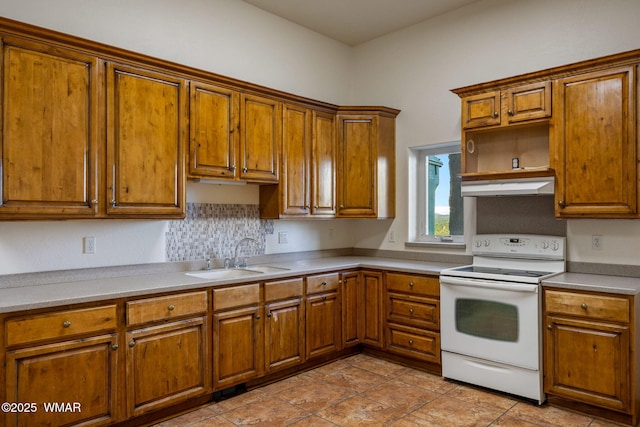 1561 S Canyon Ridge Trl, Show Low, AZ 85901 - kitchen with white electric range oven, a sink, under cabinet range hood, and brown cabinetry