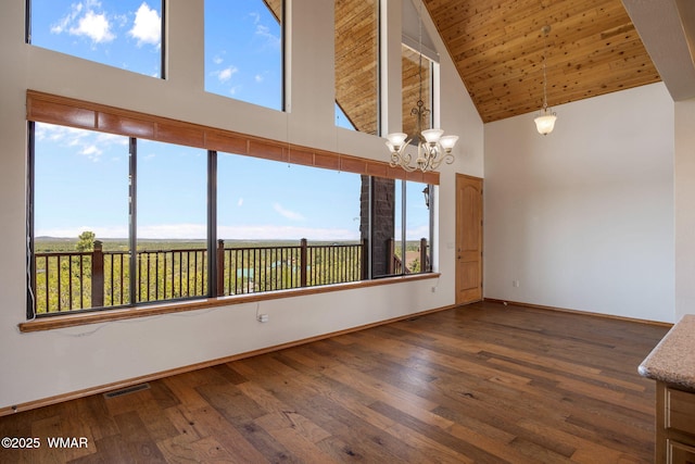 1561 S Canyon Ridge Trl, Show Low, AZ 85901 - empty room with high vaulted ceiling, baseboards, a chandelier, wood finished floors, and wooden ceiling