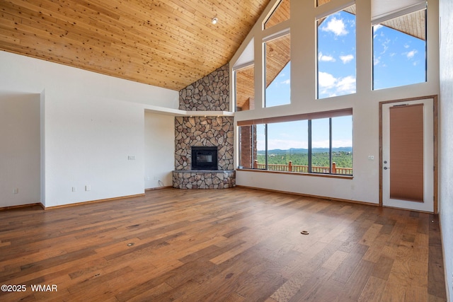 1561 S Canyon Ridge Trl, Show Low, AZ 85901 - unfurnished living room with high vaulted ceiling, a fireplace, wood finished floors, baseboards, and wood ceiling