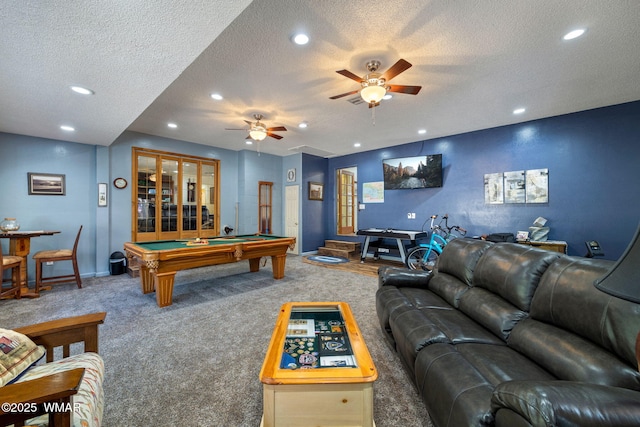 game room with billiards, a textured ceiling, recessed lighting, carpet flooring, and baseboards