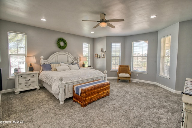 carpeted bedroom with baseboards, recessed lighting, and a ceiling fan