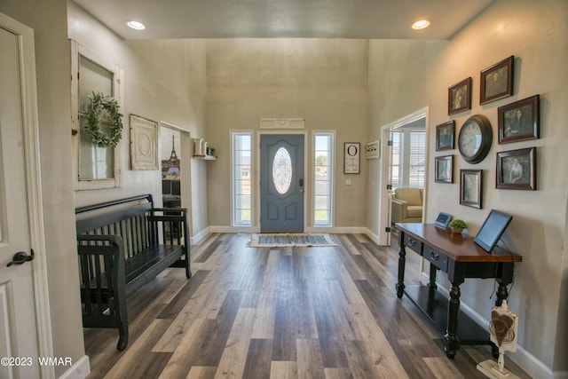 foyer with dark wood-style flooring, baseboards, a high ceiling, and recessed lighting