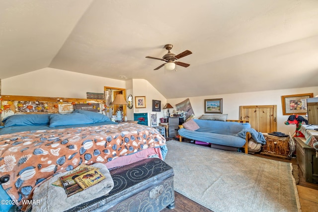 bedroom with vaulted ceiling and ceiling fan