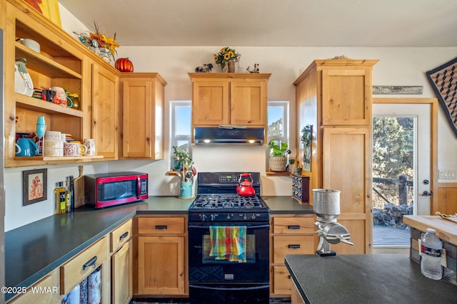 kitchen with dark countertops, under cabinet range hood, and black range with gas stovetop