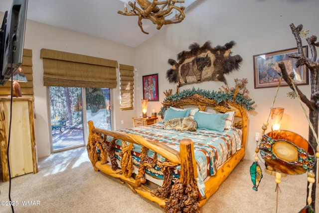 bedroom with lofted ceiling, access to outside, carpet floors, and a ceiling fan