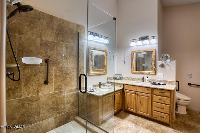 full bathroom featuring toilet, a shower stall, and vanity