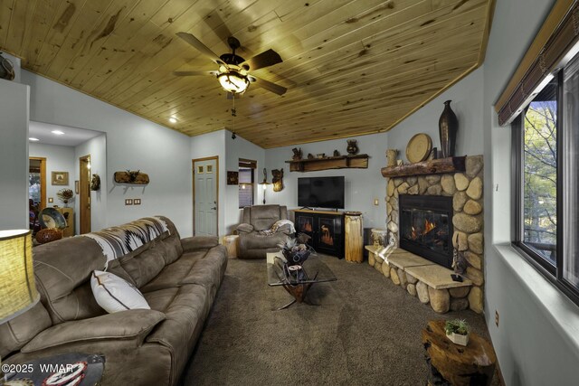 living area with wooden ceiling, a fireplace, vaulted ceiling, and carpet flooring