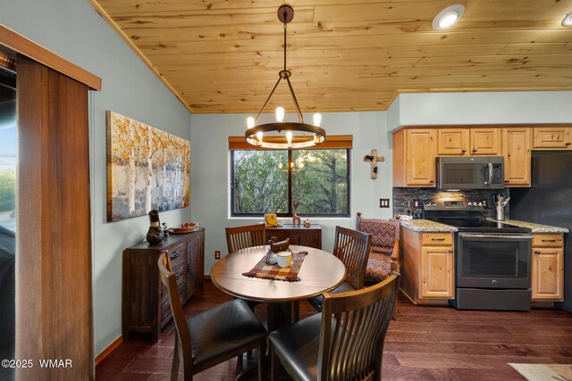 kitchen with light stone counters, decorative light fixtures, stainless steel appliances, tasteful backsplash, and wooden ceiling