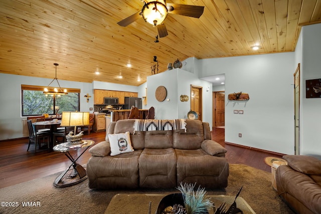 living room featuring lofted ceiling, wooden ceiling, ceiling fan with notable chandelier, baseboards, and dark wood finished floors