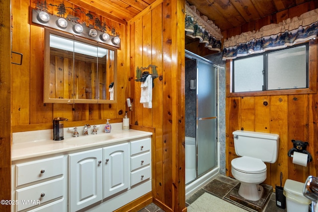 2 Acr 1027, Greer, AZ 85927 - bathroom featuring wood ceiling, toilet, wood walls, vanity, and a shower stall