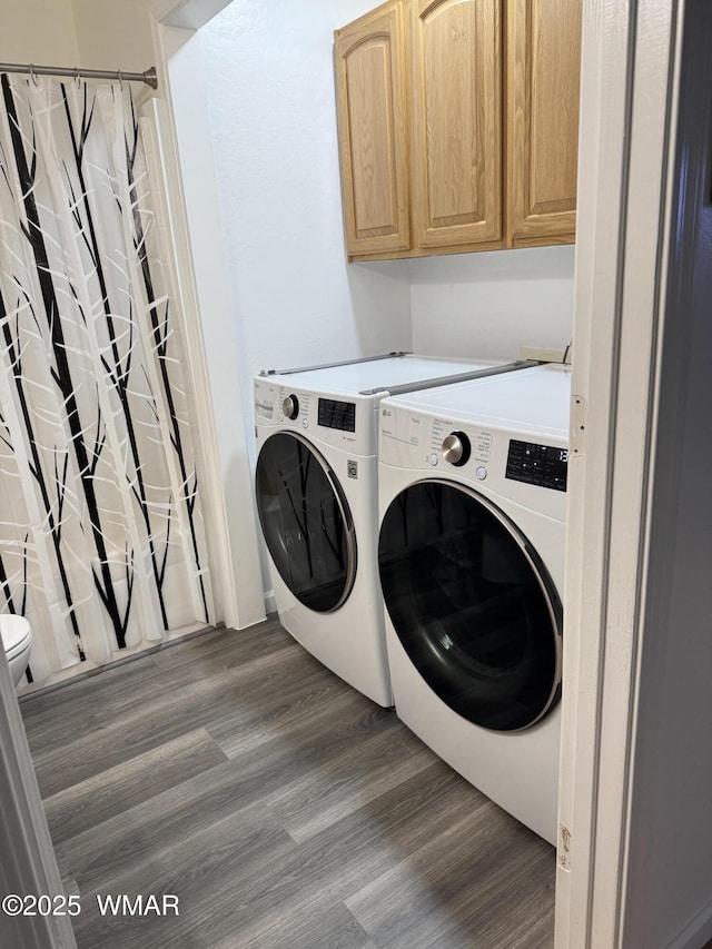 323 N Woodland Rd, Lakeside, AZ 85929 - laundry room featuring washer and dryer, dark wood finished floors, and cabinet space