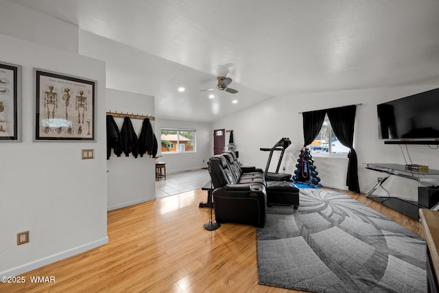 323 N Woodland Rd, Lakeside, AZ 85929 - exercise room with a ceiling fan, lofted ceiling, light wood-style floors, baseboards, and recessed lighting
