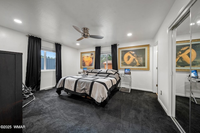 323 N Woodland Rd, Lakeside, AZ 85929 - bedroom featuring dark carpet, multiple windows, baseboards, recessed lighting, and ceiling fan