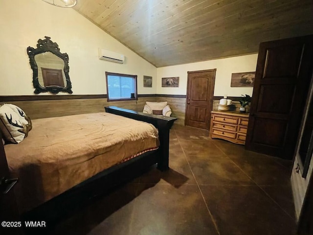 4971 Buck Springs Rd, Pinetop, AZ 85935 - bedroom with wood walls, vaulted ceiling, wainscoting, wooden ceiling, and a wall mounted AC