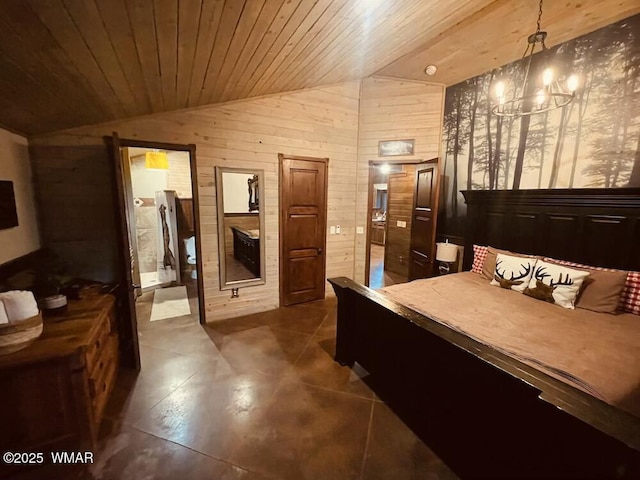 4971 Buck Springs Rd, Pinetop, AZ 85935 - bedroom featuring concrete floors, wood walls, wood ceiling, lofted ceiling, and a notable chandelier