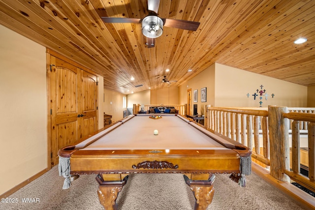 2011 N Lake Breeze Rd, Lakeside, AZ 85929 - rec room with wooden ceiling, ceiling fan, carpet, billiards table, and vaulted ceiling